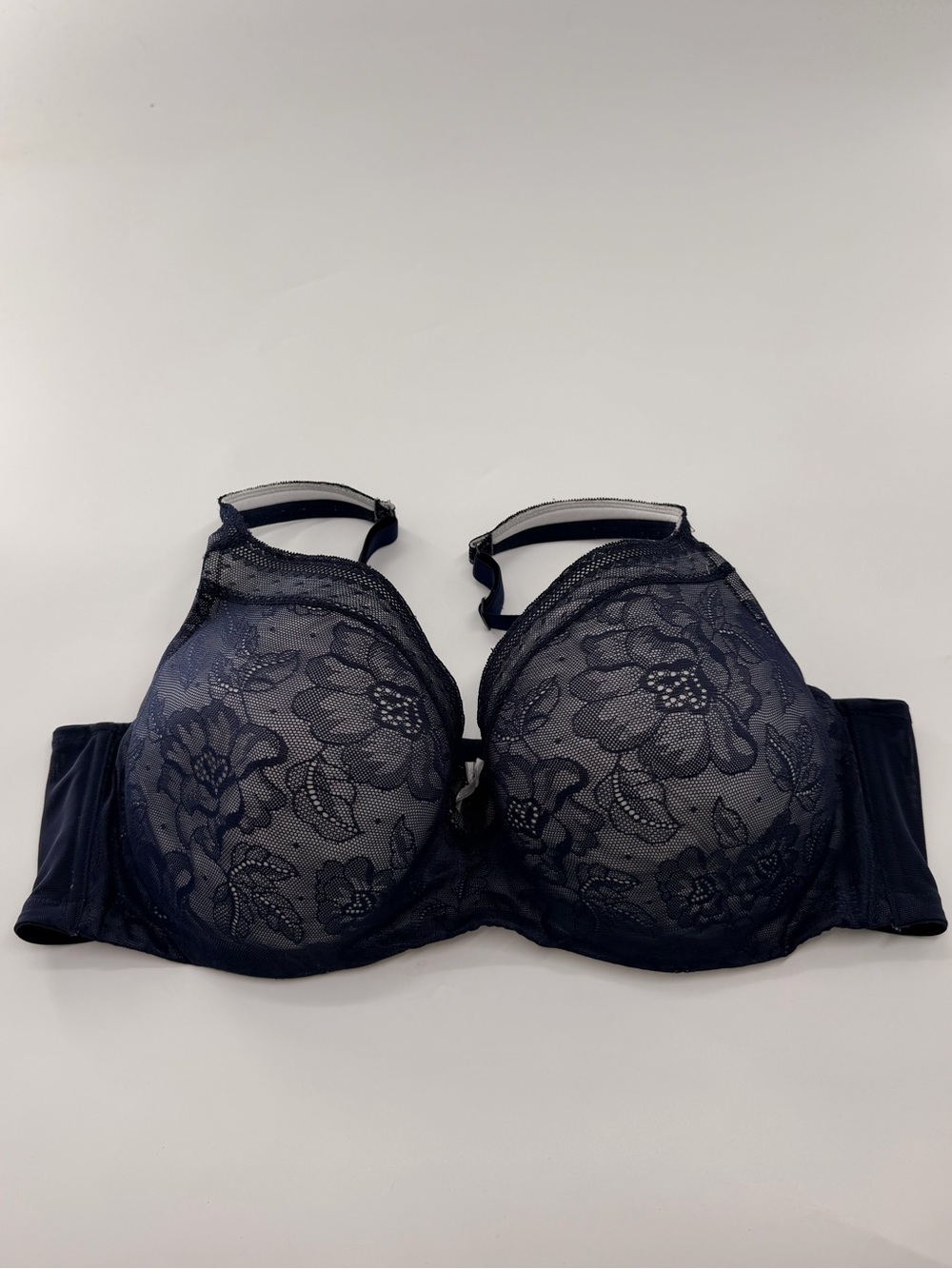 Cacique Modern Lace Lightly Lined Balconette Bra Navy Blue Plus Size 44D Bra
